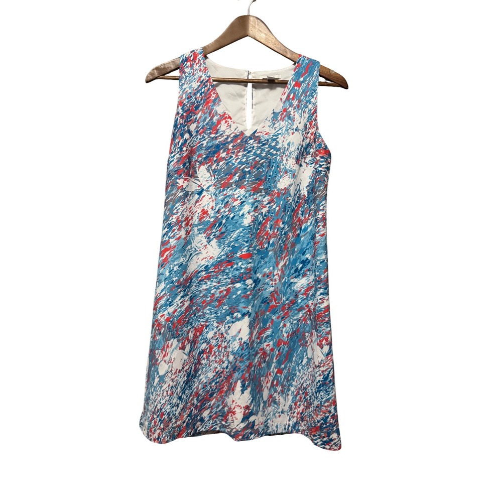 Bar III Shift Dress Womens Small Blue Red Abstract V-Neck Excellent Sleeveless